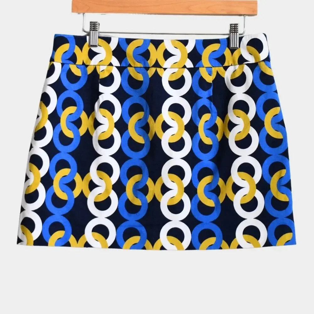 J.Crew Geometric Ring Print Mini Skirt Size 10 Navy Blue Mod Retro Stretch